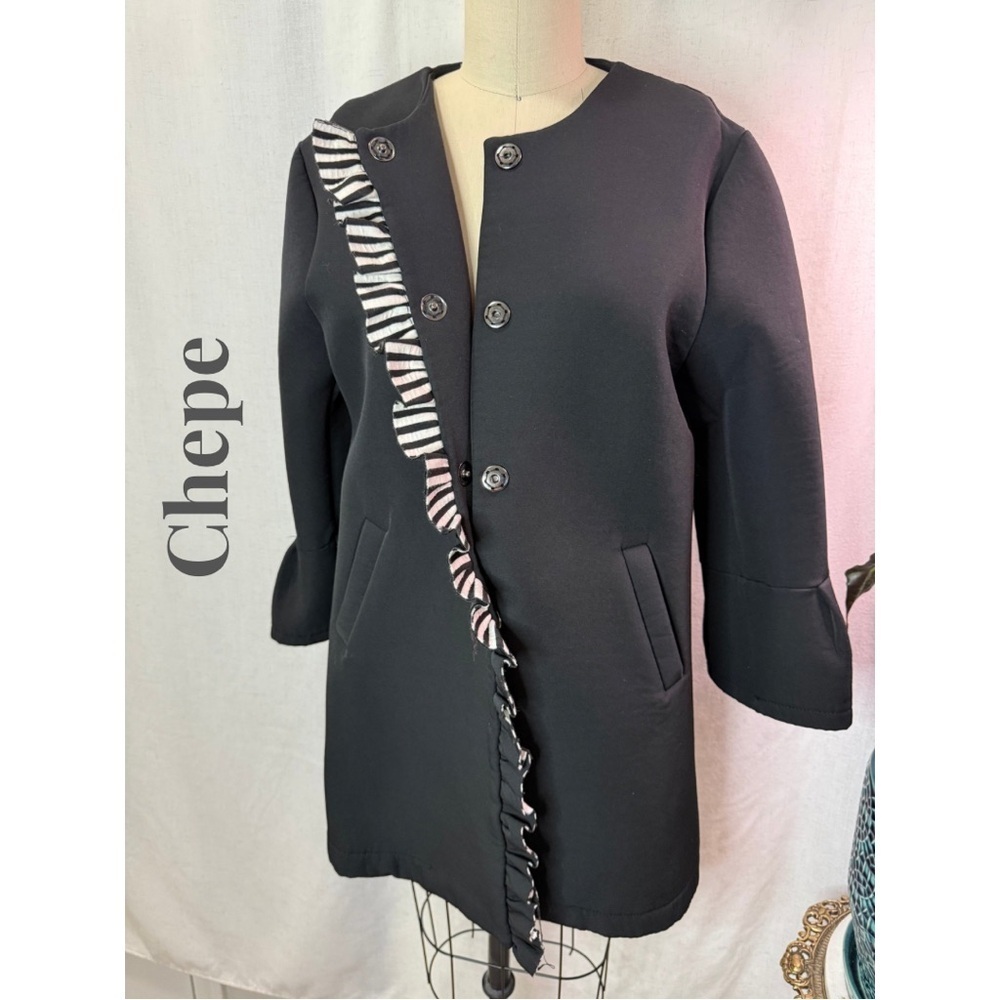 Chepe Black Ruffle Trim Button Front Coat Jacket Statement Style Size L